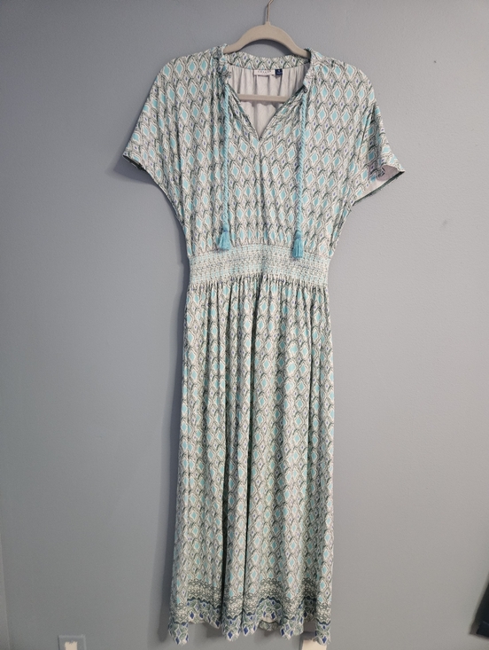 Cabana Life Dresses & Skirts - Cabana Life Geo Print Maxi Dress S Blue Aqua Tassel Smocked Waist UPF 50 Resort